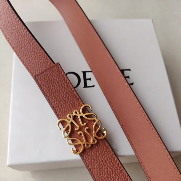 Loewe Tan Brown Grained Leather Belt with Gold Anagram Buckle Size 90 - Picture 3 of 6